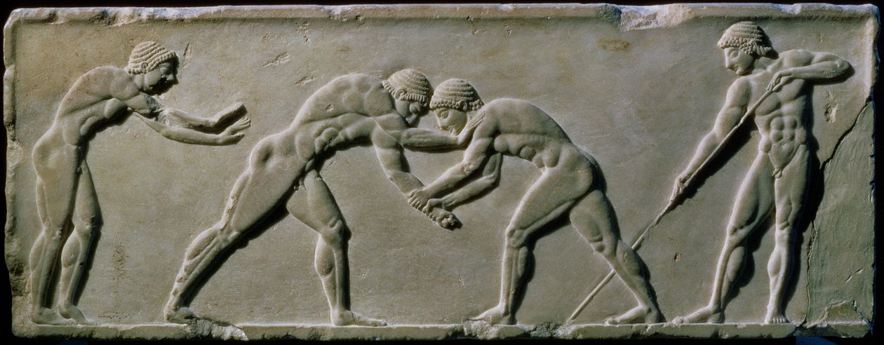Junge Männer beim Ringen, von einer Statuenbasis gefunden im Dipylon-Friedhof, Athen, c.510 v. Chr. von Greek