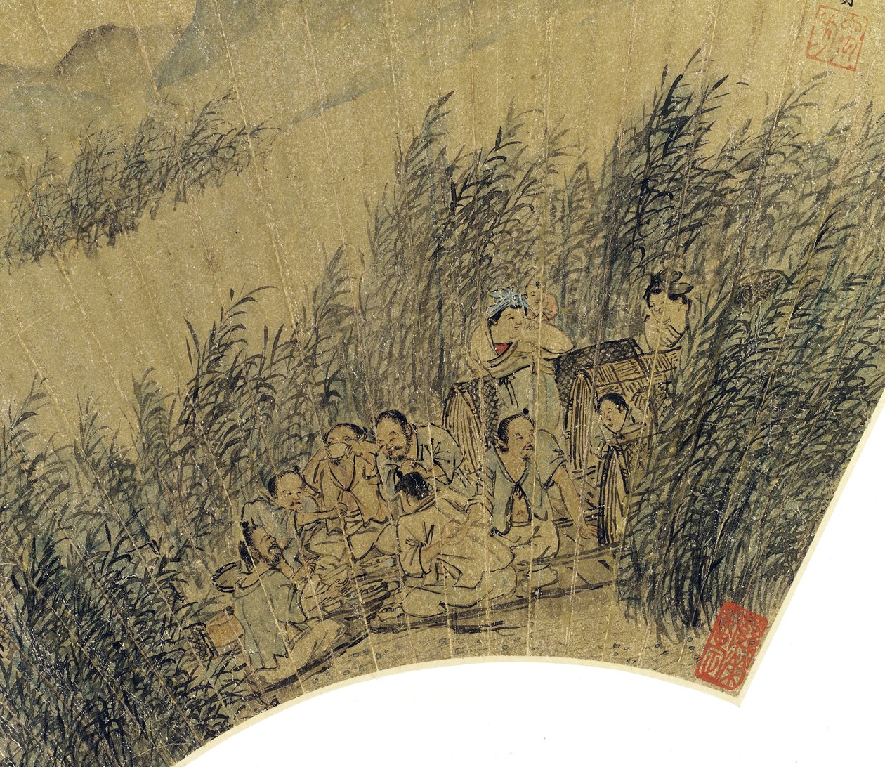 (Detail) Fischer in Booten, die am Rand eines Flusses feiern von Gu Qian