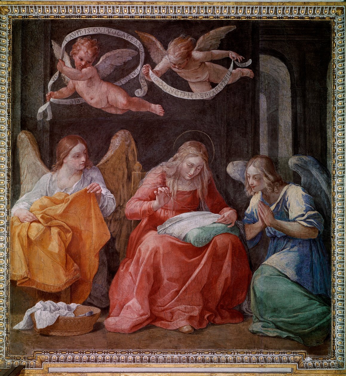 Die Jungfrau näht mit zwei Engeln von Guido Reni