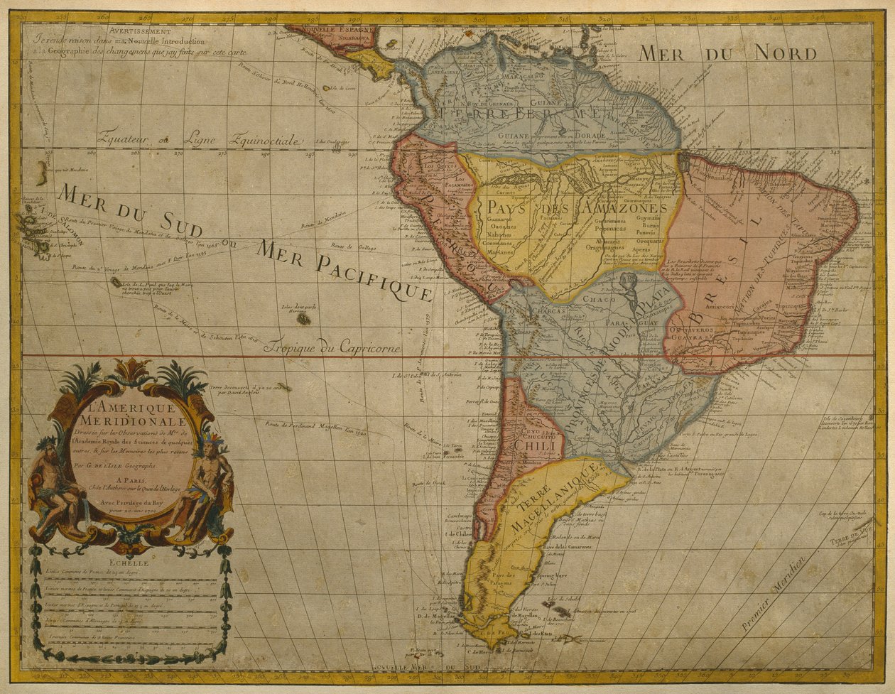 Karte von Südamerika, veröffentlicht 1700, Paris (Farbstich) von Guillaume Delisle