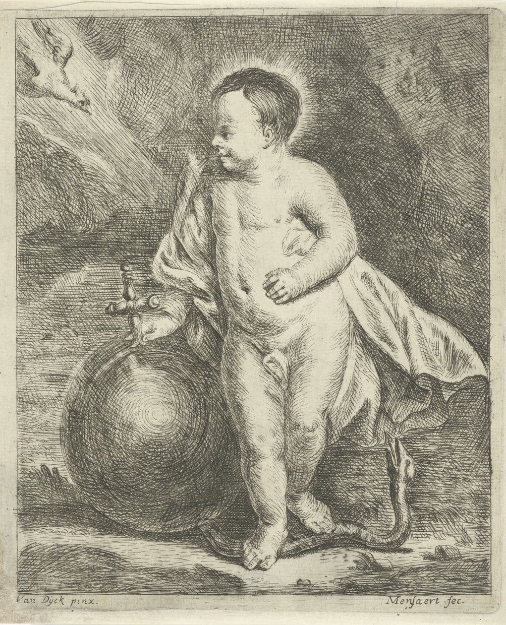 Christuskind mit Weltkugel und Schlange von Guillaume Pierre Mensaert