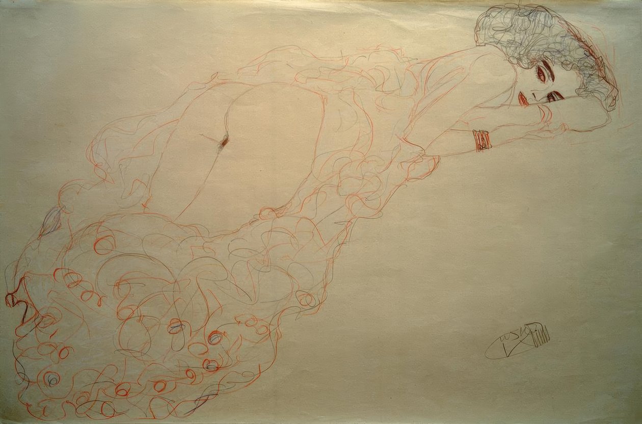 Auf dem Bauch liegender Akt nach rechts von Gustav Klimt