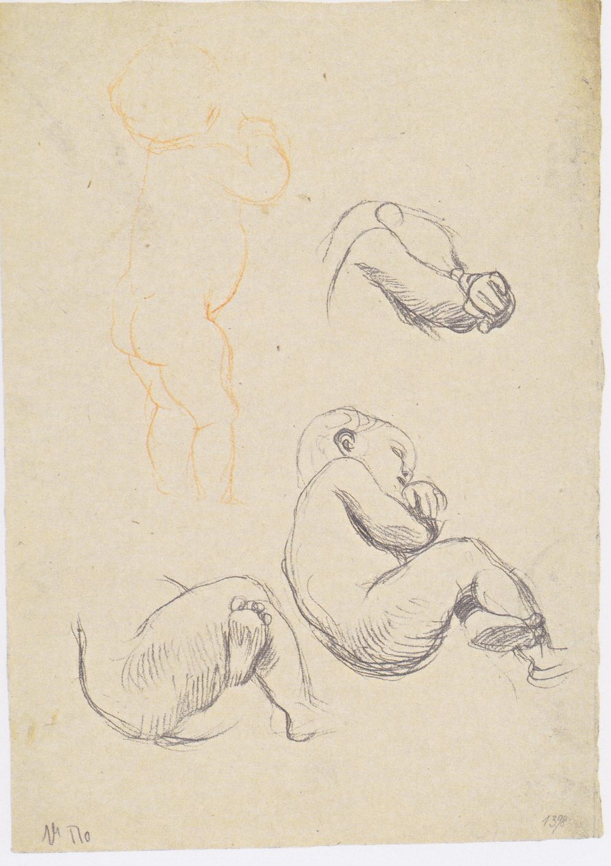 Drei Studien eines sitzenden Kindes nach rechts, stehendes Kind von Gustav Klimt