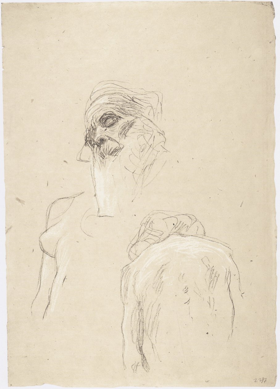 Greisenhaupt, sitzender weiblicher Rückenakt, rechte Seite eines weiblichen Oberkörpers von Gustav Klimt