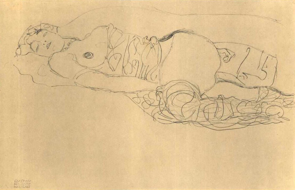 Liegender Halbtakt nach links mit angezogenen Schenkeln von Gustav Klimt