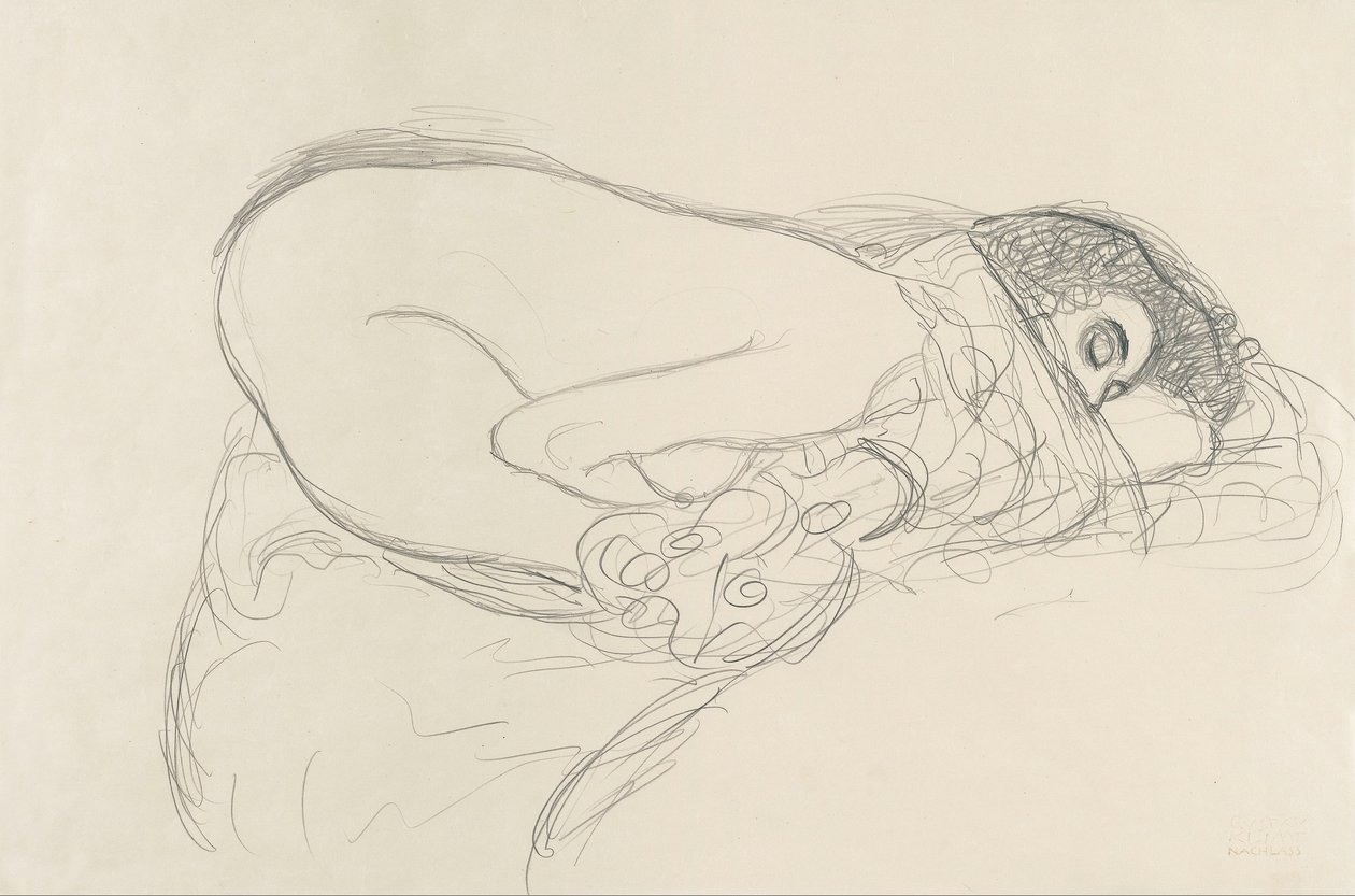 Halbakt nach vorne gebeugt (Vorbereitende Arbeit für das Gemälde Leda) von Gustav Klimt