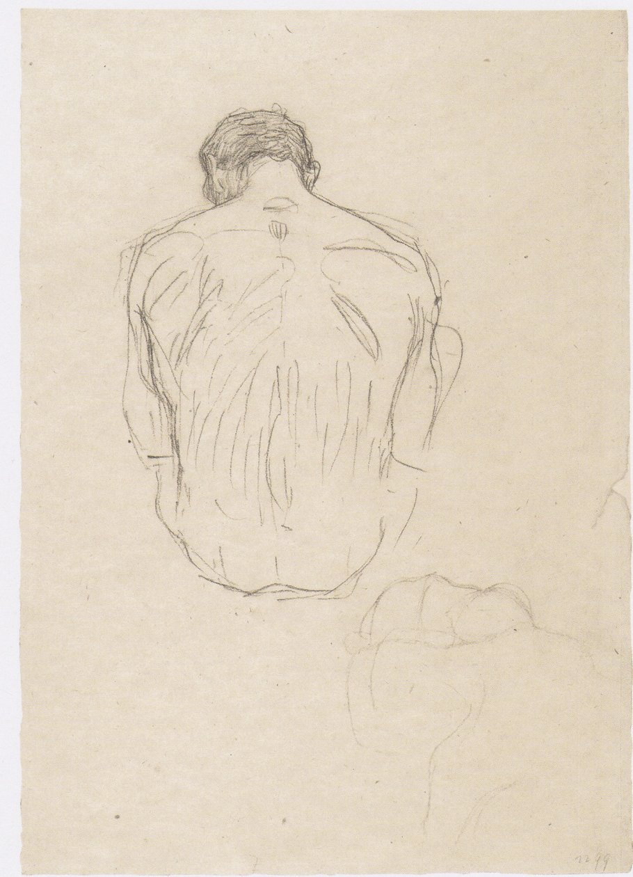Sitzender männlicher Rückenakt und Skizze für die „Ringenden“ von Gustav Klimt