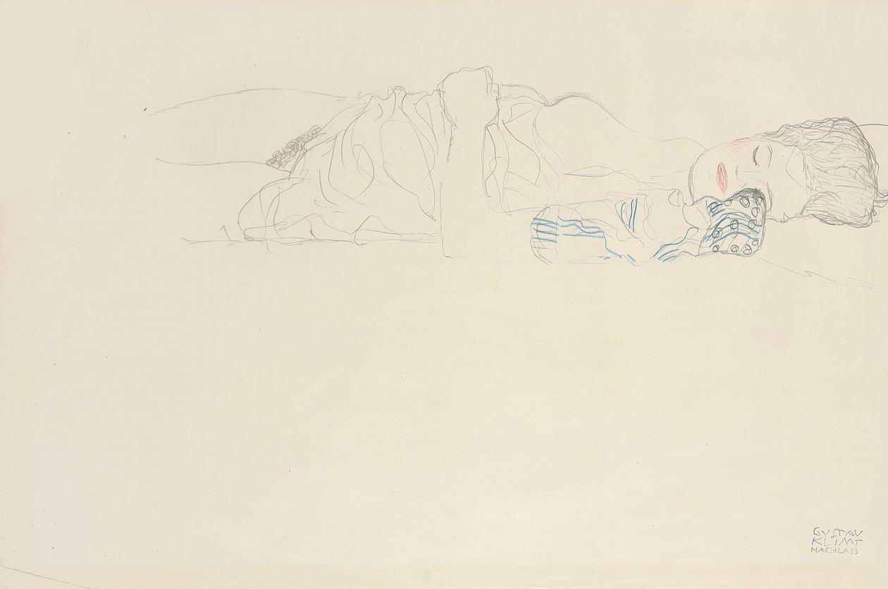 Halb liegende Halbnackte nach rechts, ca. 1914-15 von Gustav Klimt