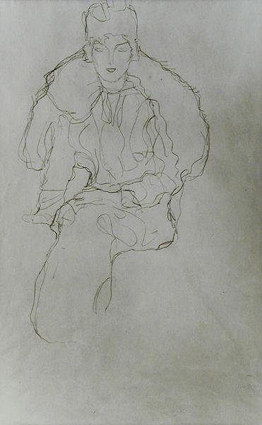 Sitzende Frau mit Pelzumhang und Kopfschmuck von Gustav Klimt
