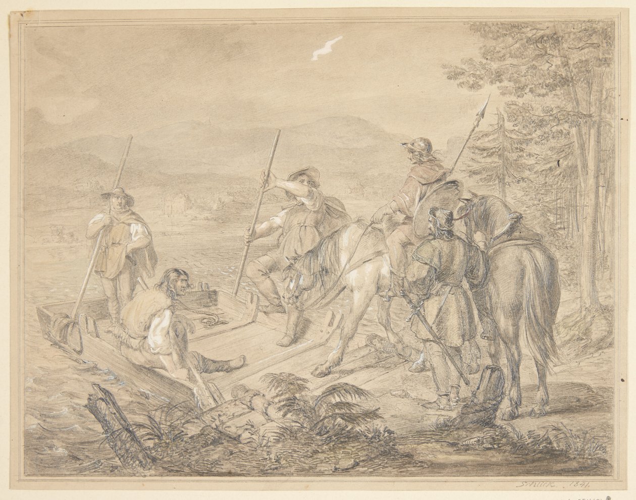 Landschaft mit Reitern an einer Fähre von Gustav Schlick