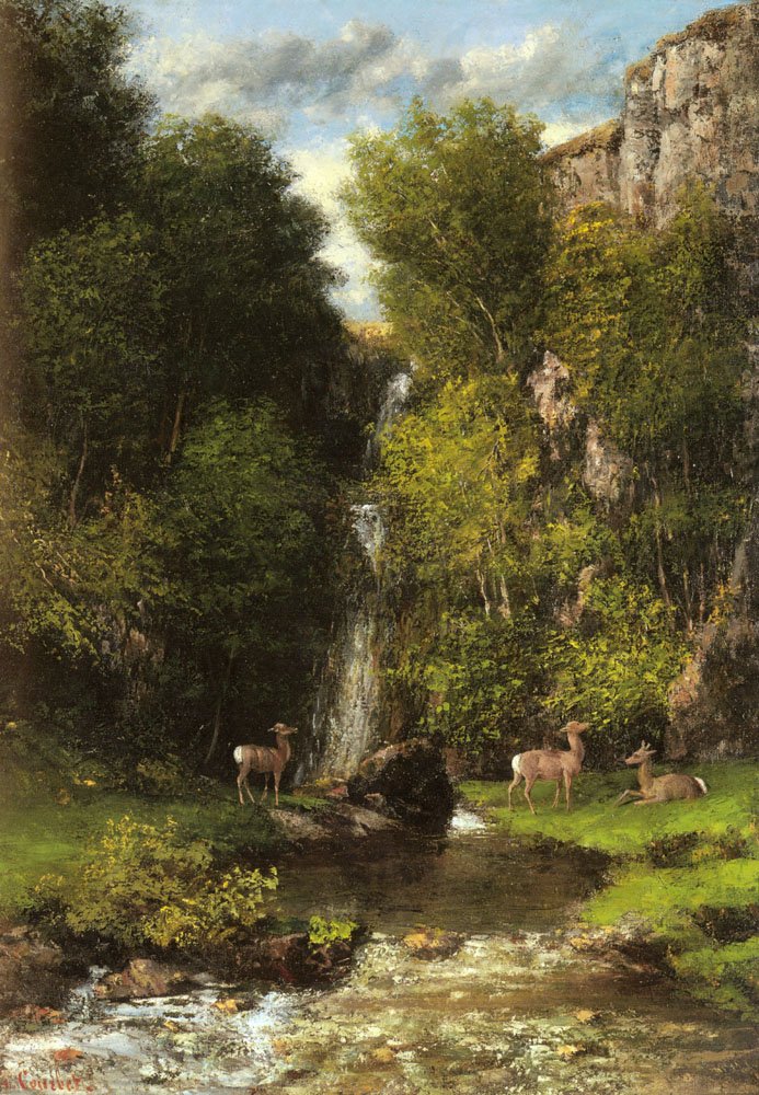 Eine Hirschfamilie in einer Landschaft mit Wasserfall von Gustave Courbet