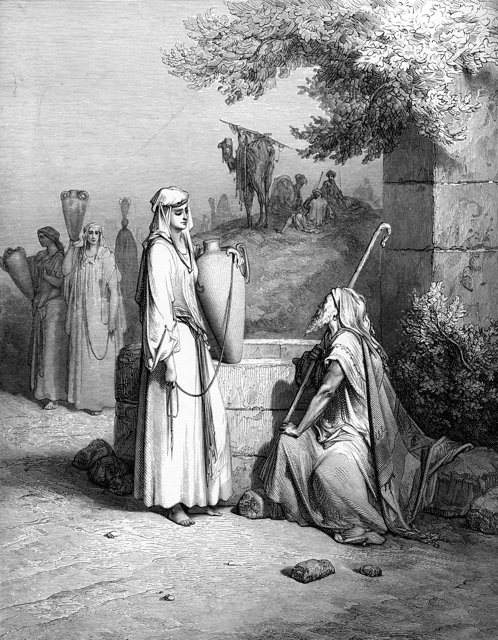 Eliezer und Rebekka, Gravur von Doré von Gustave Dore