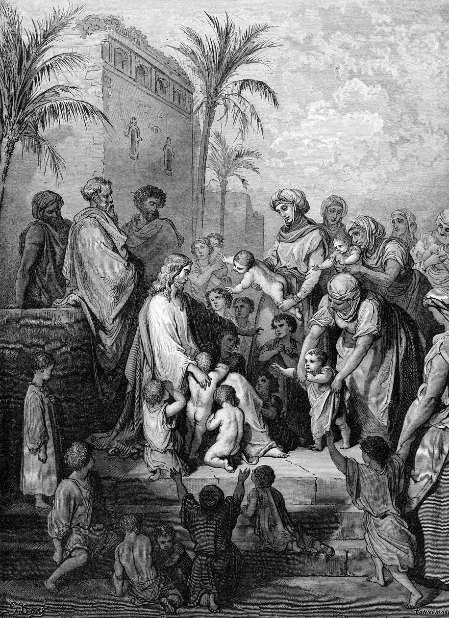 Jesus segnet die Kinder, Gravur von Doré von Gustave Dore