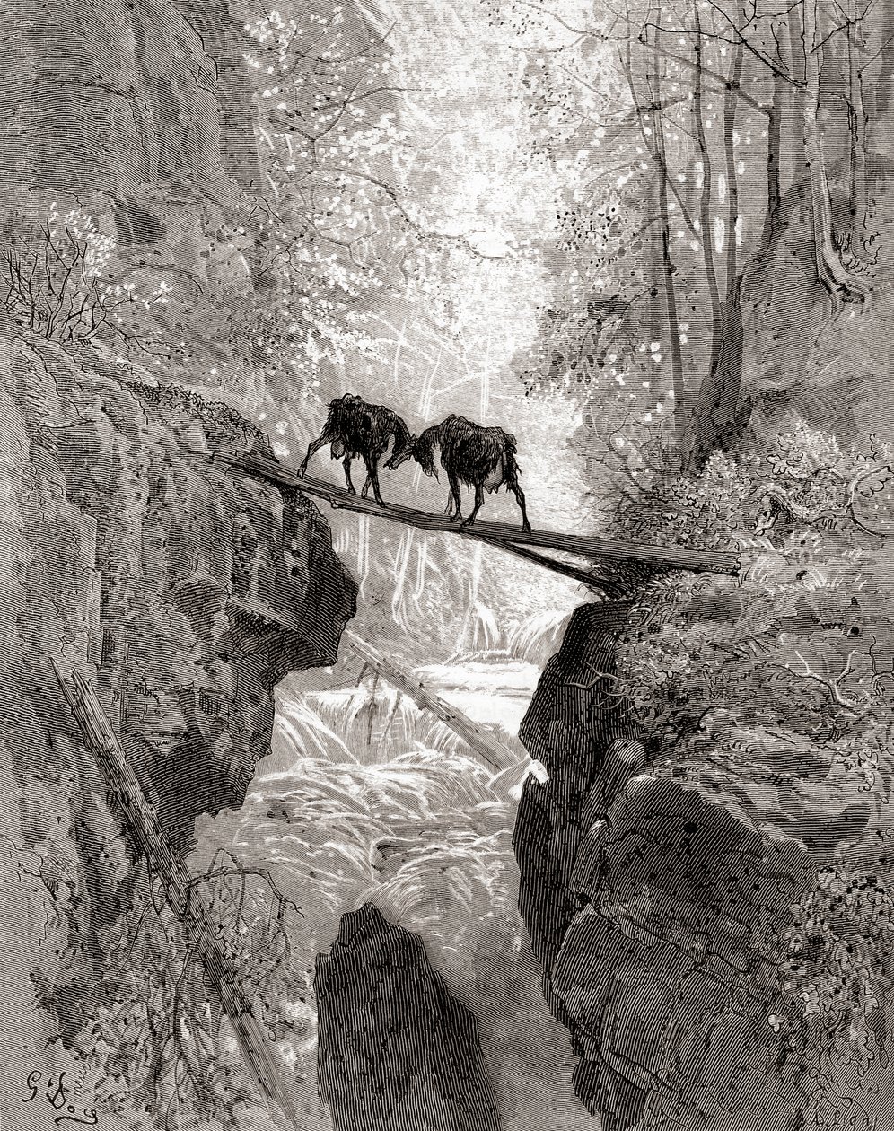 Die zwei Ziegen, aus einer späten 19. Jahrhundert Ausgabe von Fables de La Fontaine von Gustave Dore
