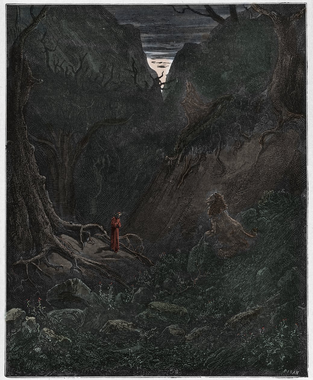 Inferno, Gesang 1: Der Löwe konfrontiert plötzlich Dante (Illustration aus Die Göttliche Komödie von Dante Alighieri, 1885) von Gustave after Dore