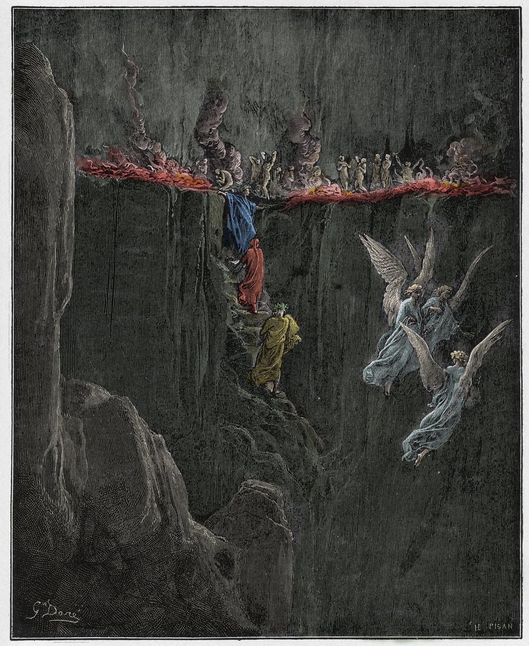 Purgatorio, Gesang 25: Virgil und Dante steigen durch Flammen in den siebten Kreis auf, Illustration aus Die Göttliche Komödie von Dante Alighieri, 1885 (digital kolorierte Gravur) von Gustave after Dore