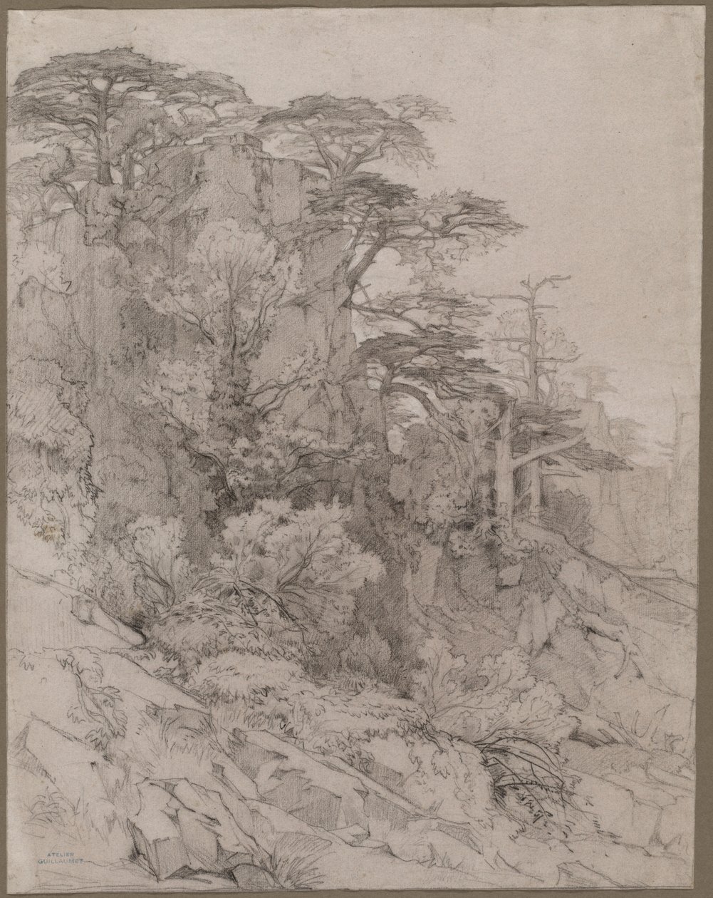 Bäume einer felsigen Hügellandschaft von Gustave Achille Guillaumet