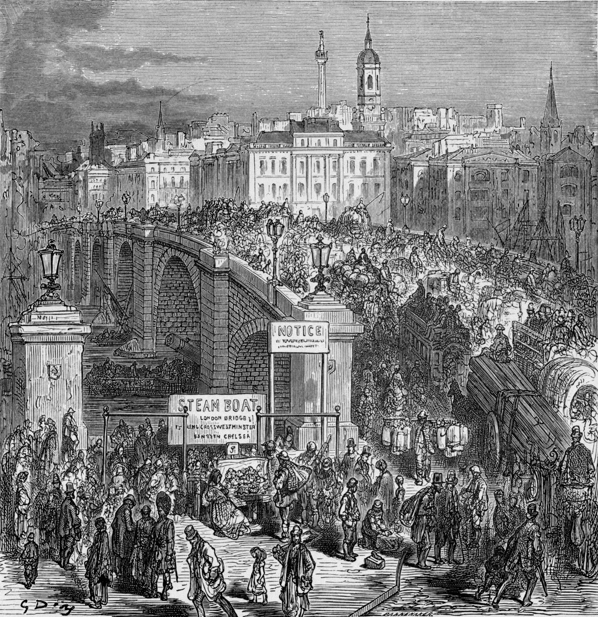 Geschäftige Szene auf der London Bridge von Gustave Dore