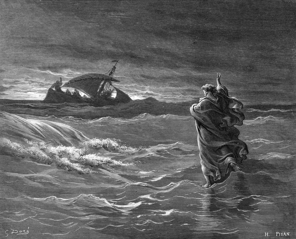 Stich von Jesus, der auf dem Wasser geht von Gustave Dore