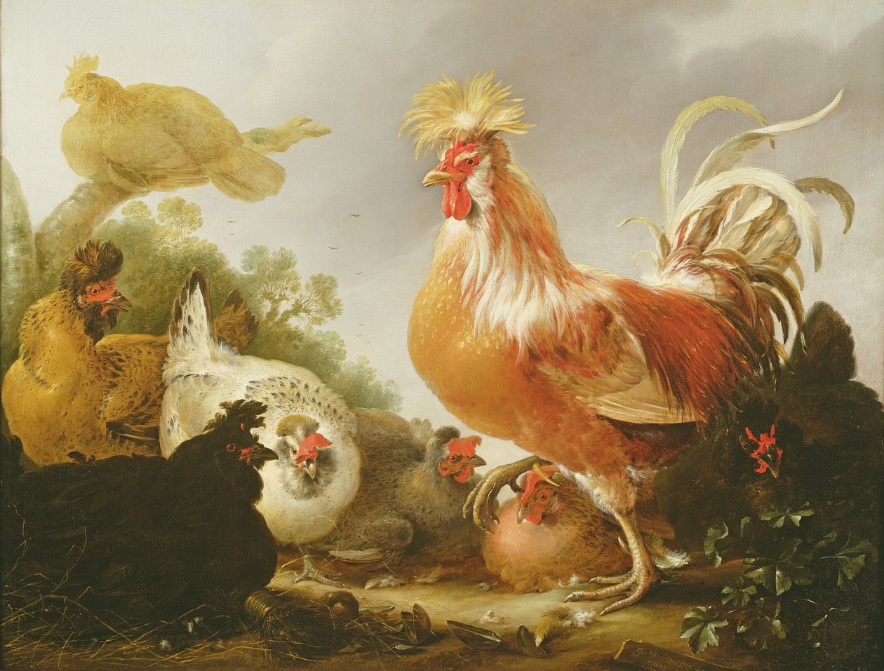 Hahn und Hennen in einer Landschaft, 1649 von Gysbert Hondecoeter