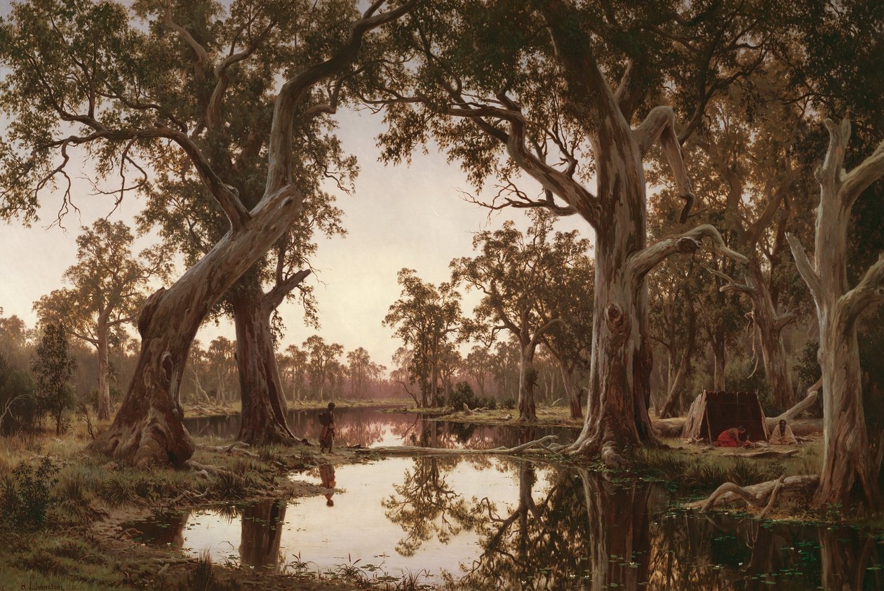 Abendliche Schatten, Seitenarm des Murray, Südaustralien von H J. Johnstone