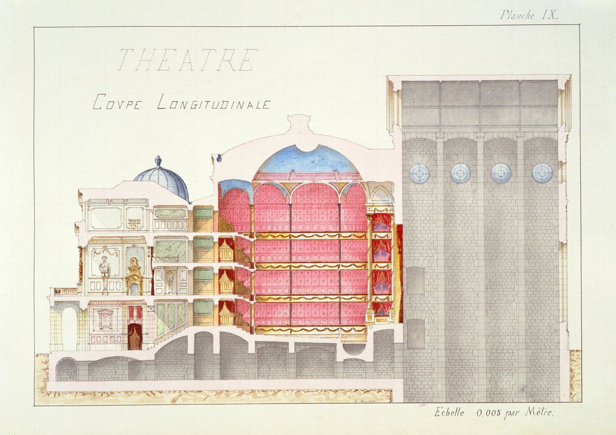 Querschnitt eines Theaters, Tafel IX aus einem Folio von Entwürfen, ca. 1870 von H. Monnot