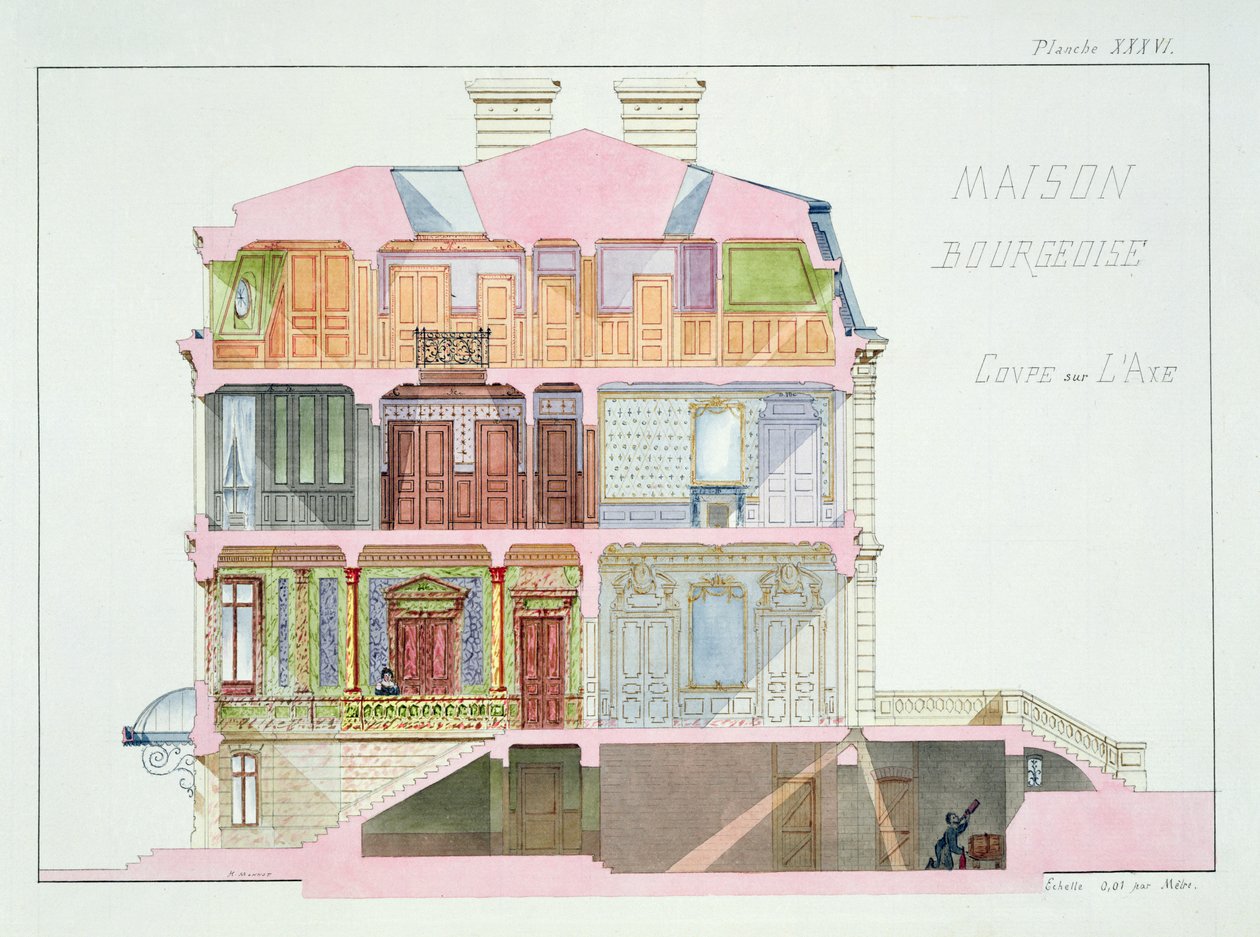 Querschnitt eines Hauses für das Bürgertum, Tafel XXXVI aus einem Designfolio, ca. 1870 von H. Monnot