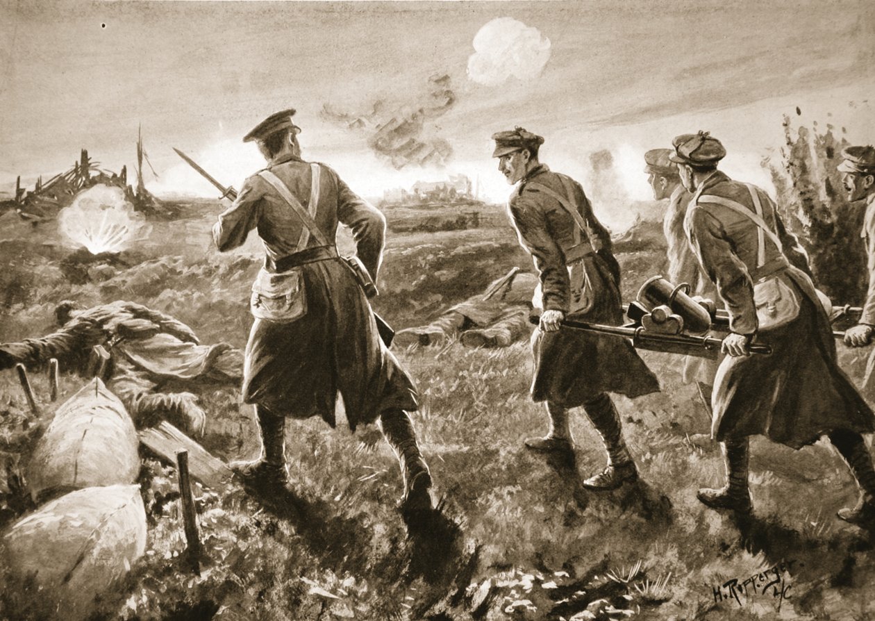 Private De Ath hilft, einen Grabenmörser über das offene Feld zu den feindlichen Linien zu tragen von H. Ripperger