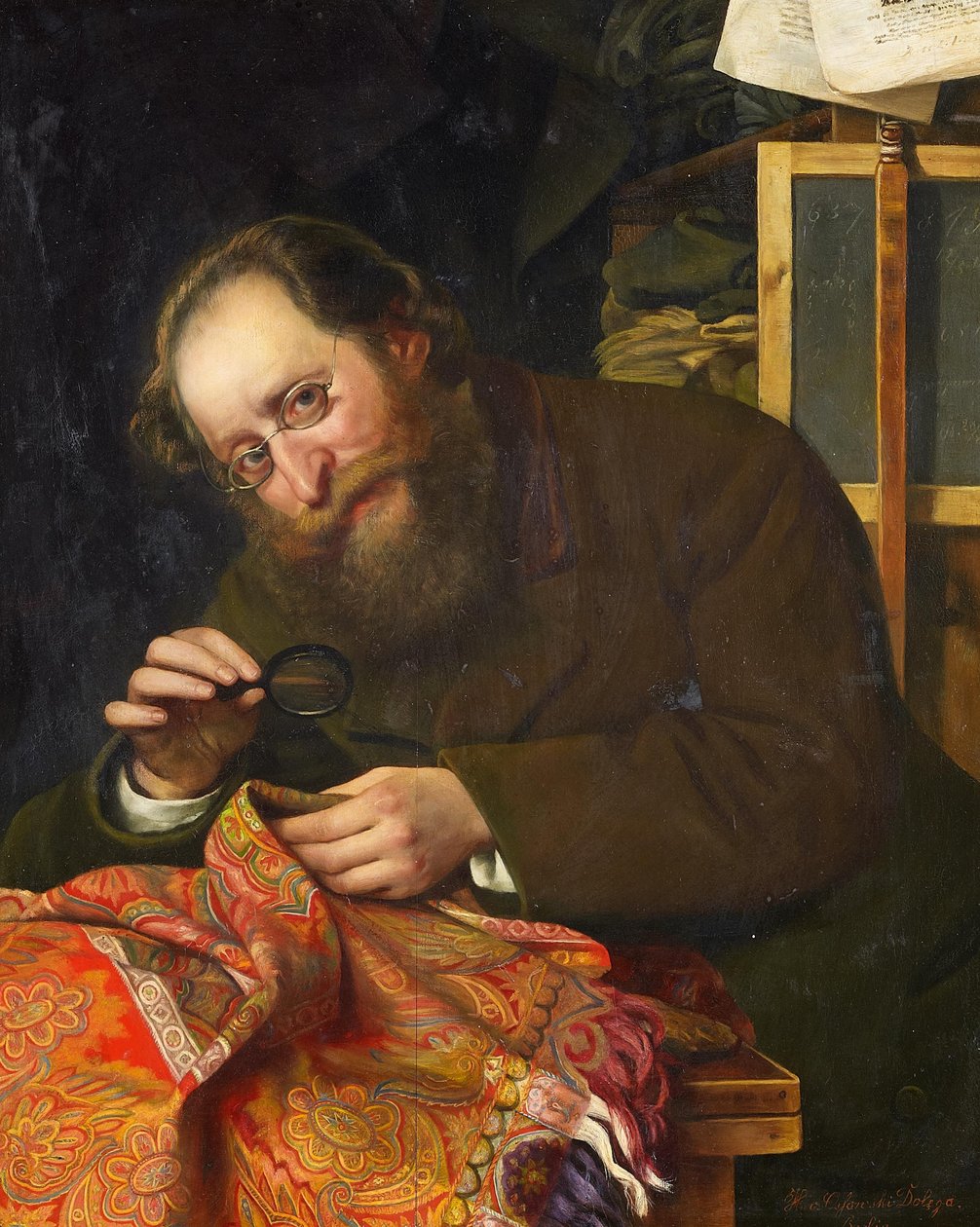 Porträt eines bärtigen Herrn, der mit einer Lupe eine Tapisserie studiert von H. von Ossowski Dolega
