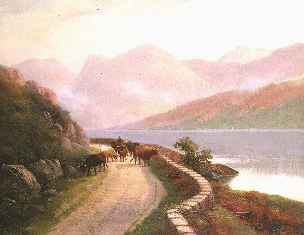 Treiber mit Kühen am Lake Buttermere, Abend von H.R. Hall