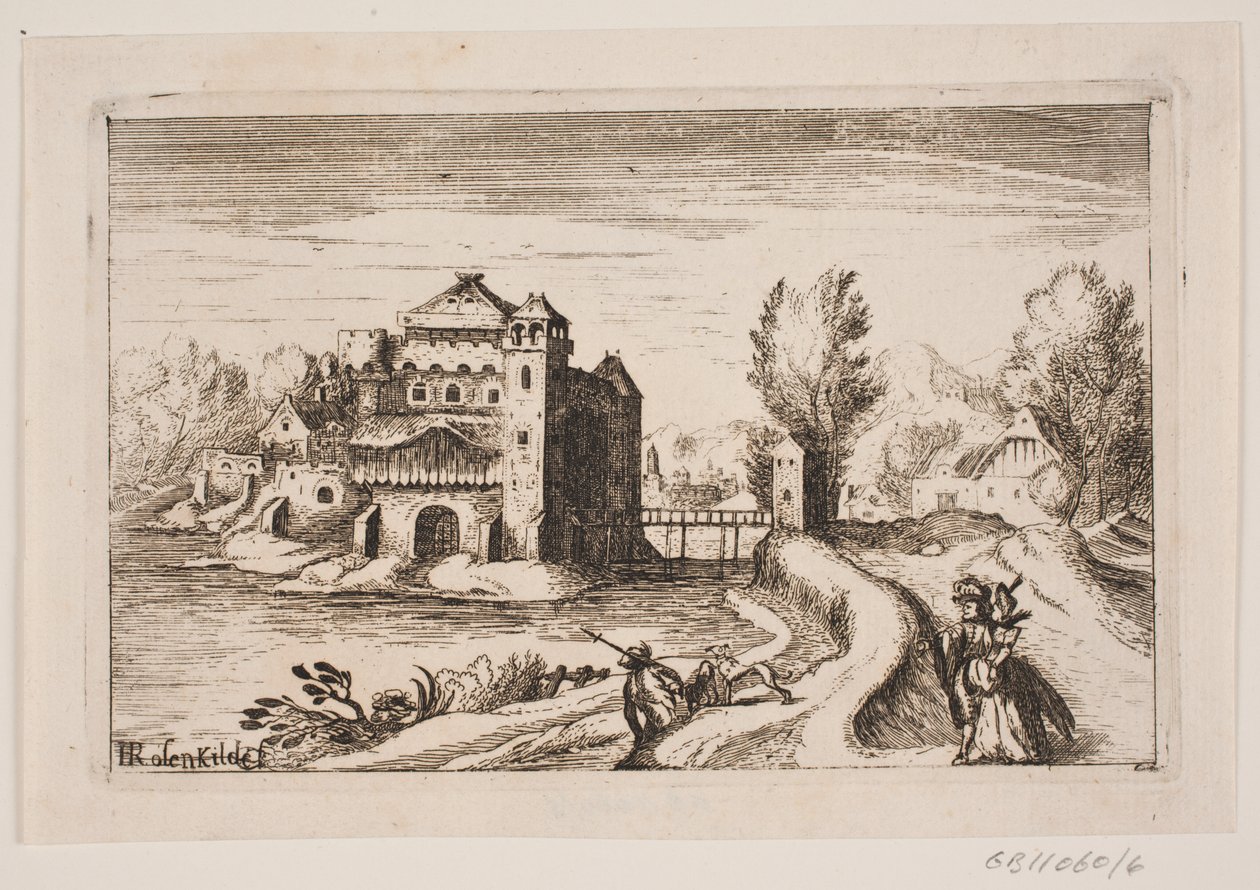 Flusslandschaft mit Schloss auf einem Hügel von H. Rosenkilde