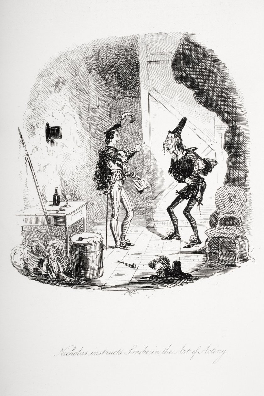 Nicholas unterrichtet Smike in der Kunst des Schauspiels, Illustration aus 