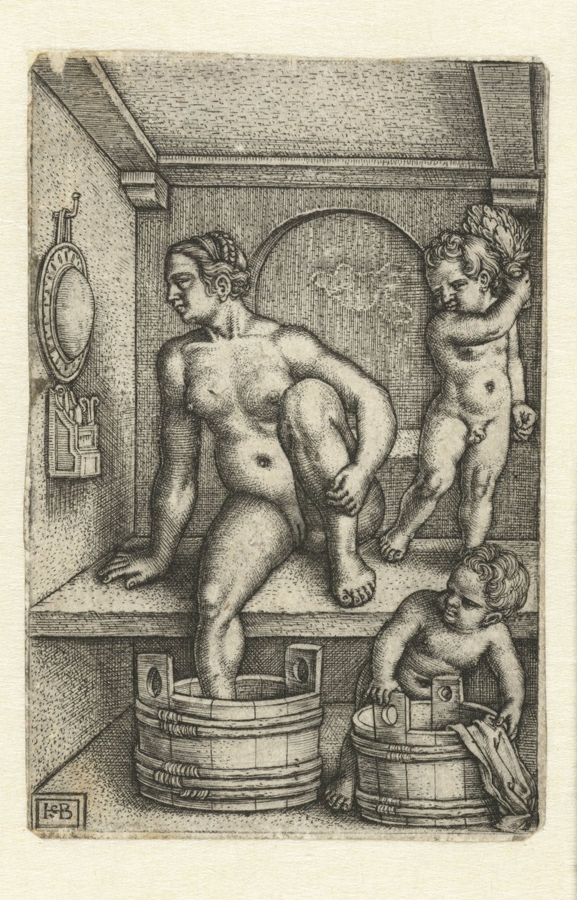 Frau mit zwei Kindern im Badezimmer von Hans Sebald Beham