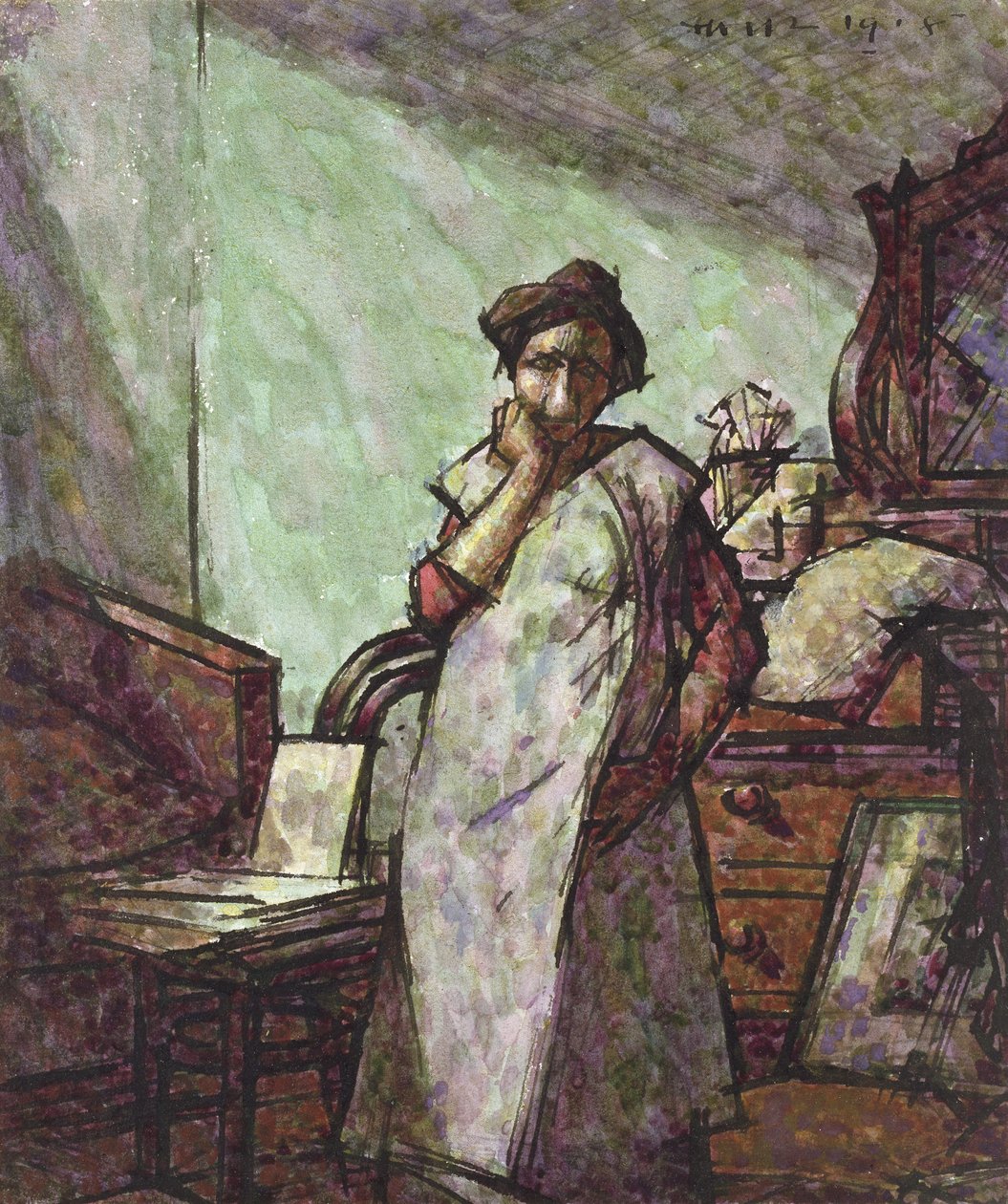 Innenraum mit Mrs. Mounter in einem Kittel, 1. Dezember 1918 von Harold Gilman