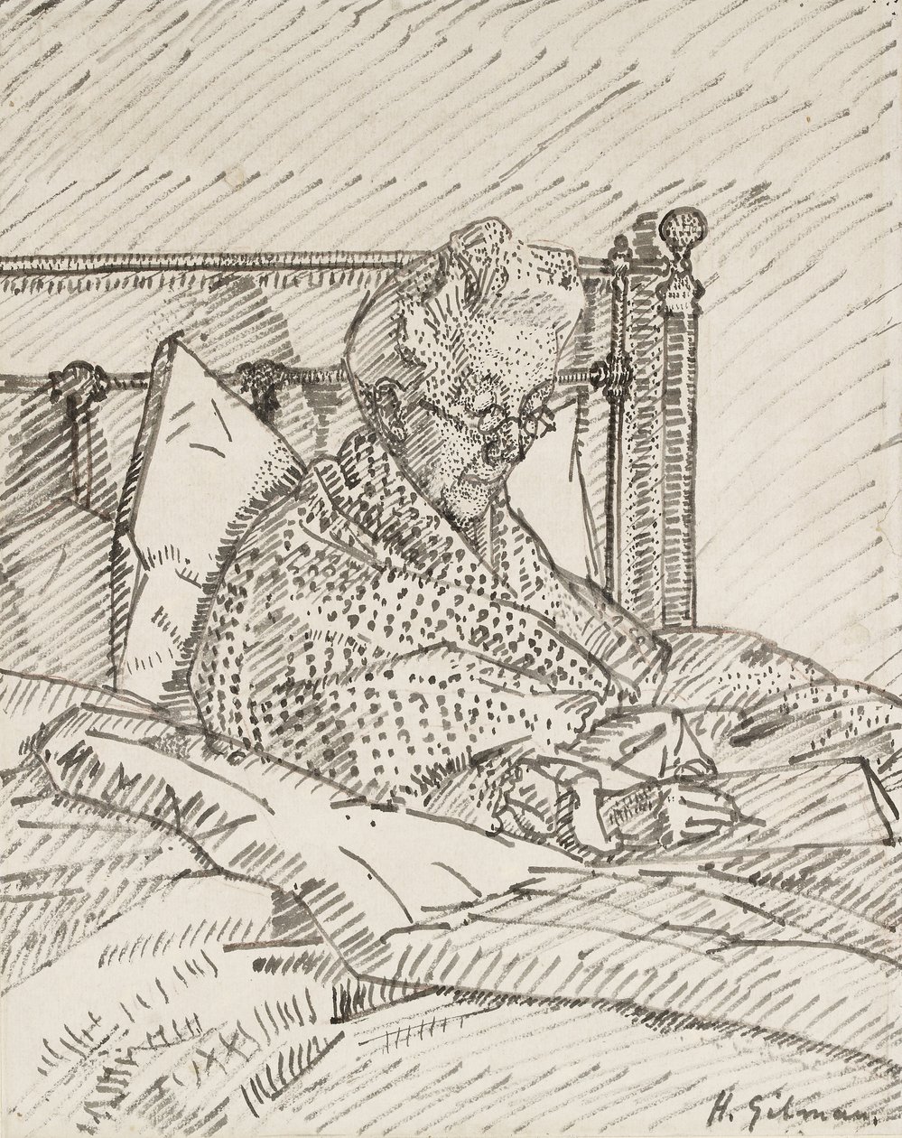 Porträt der Mutter des Künstlers, die im Bett schreibt von Harold Gilman