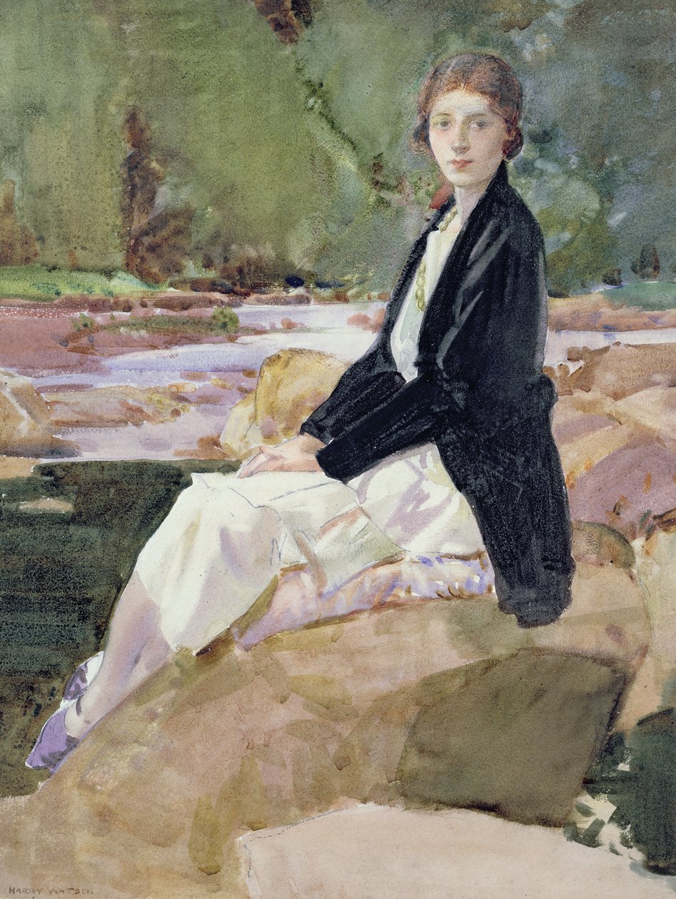 Junge Frau, die auf Felsen sitzt von Harry Watson