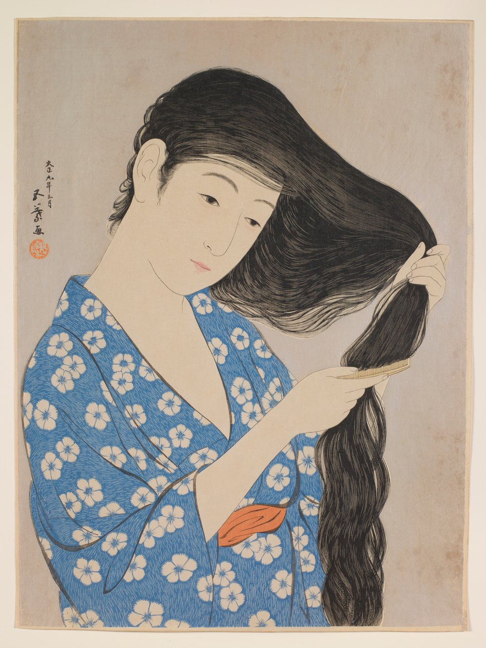Frau kämmt ihr Haar von Hashiguchi Goyô