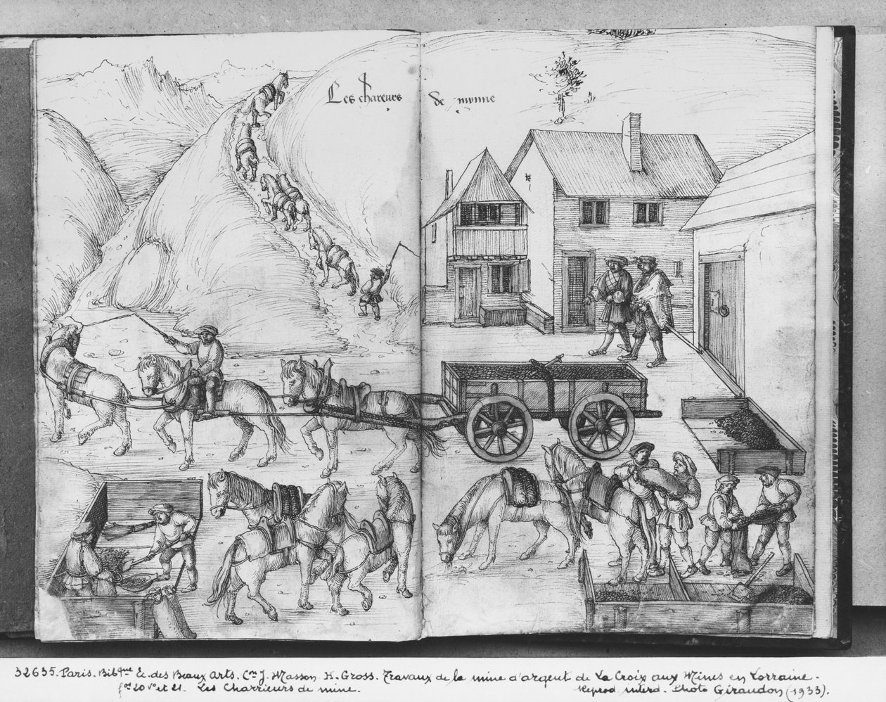 Silbermine von La Croix-aux-Mines, Lothringen, fol.20v und fol.21r, Erztransport, ca. 1530 von Heinrich Gross or Groff