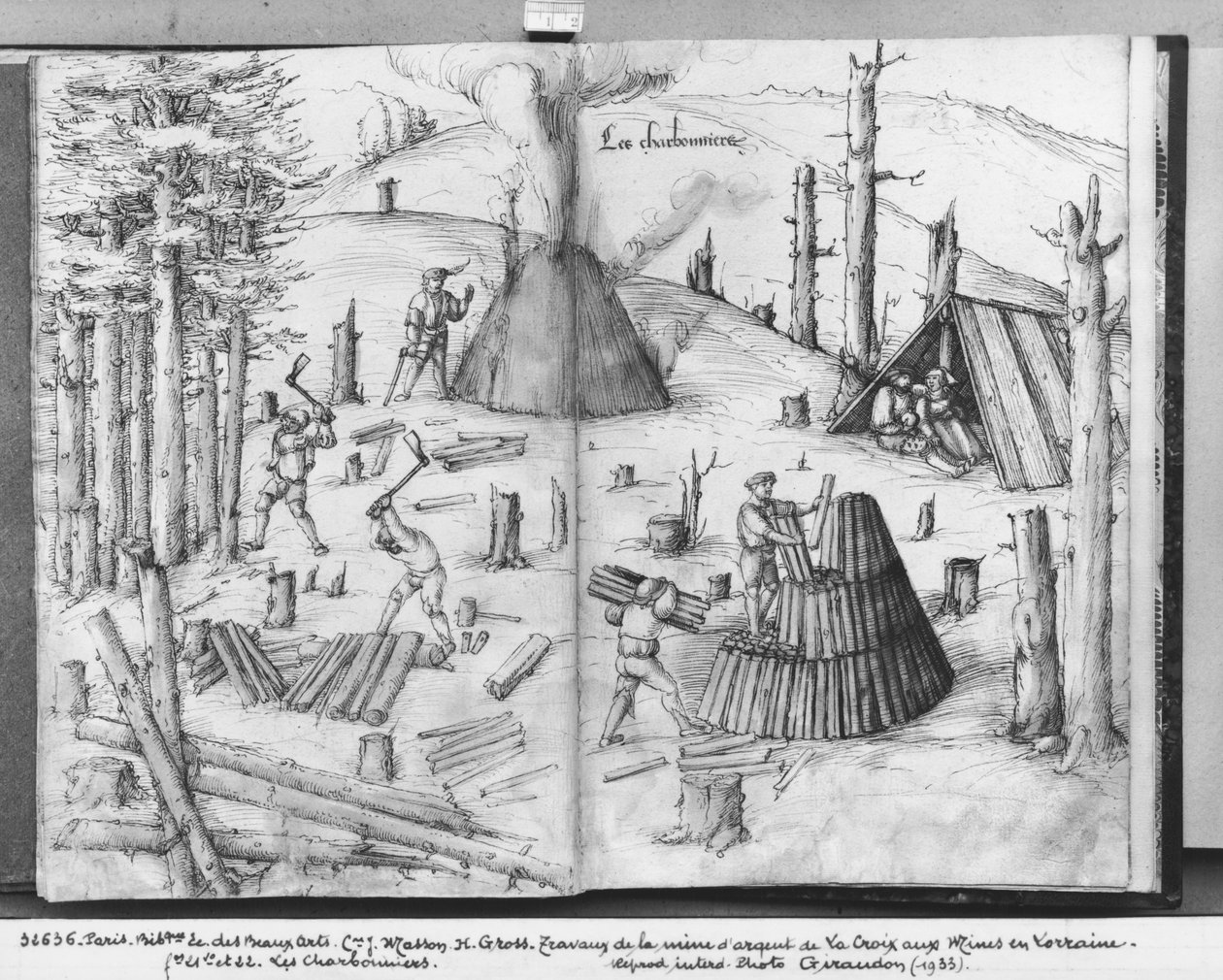 Silbermine von La Croix-aux-Mines, Lothringen, fol.21v und 22r, Kohlenmänner, ca.1530 von Heinrich Gross or Groff