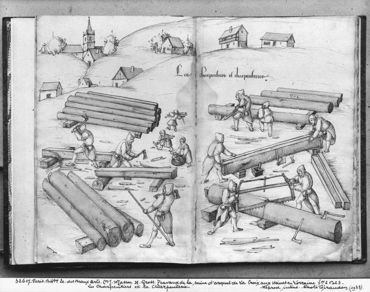 Silbermine von La Croix-aux-Mines, Lothringen, fol.2v und fol.3r, Zimmerleute und Zimmerei, ca. 1530 von Heinrich Gross or Groff