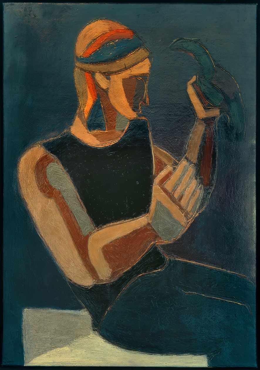 Sitzender Mann mit Vogel von Helmut Kolle