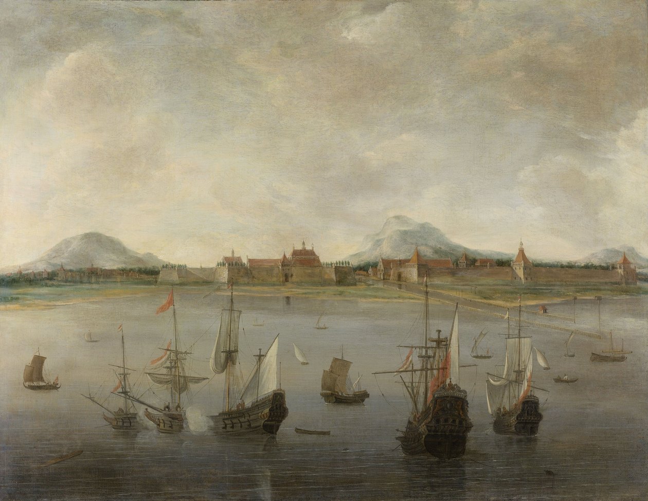 Ansicht von Batavia mit der Bergkette von Salak, Pangerango und Gede. 1640-76 von Hendrick Dubbels