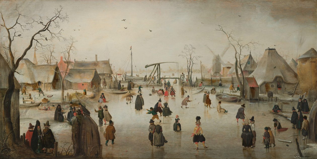 Schlittschuhlaufen in einem Dorf von Hendrick Avercamp