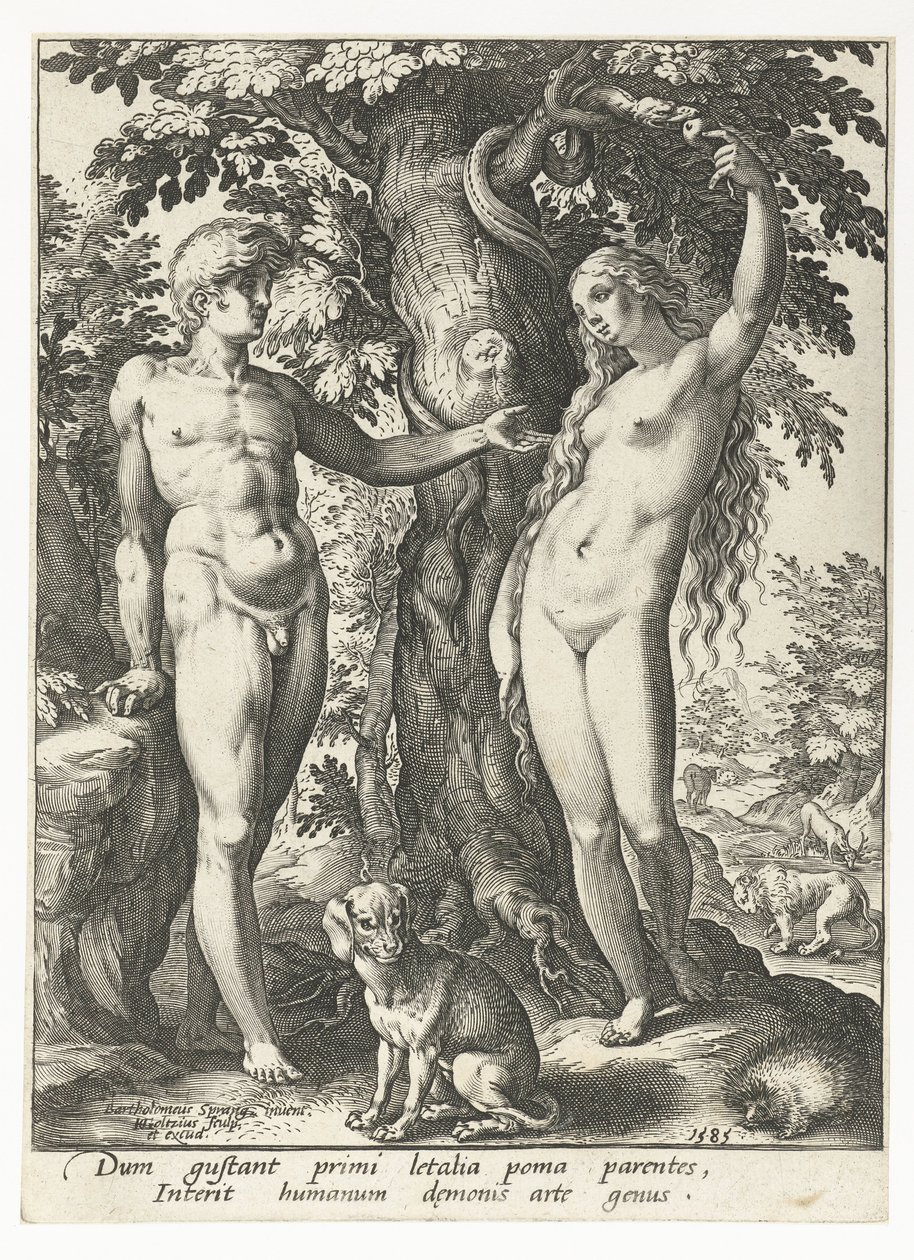 Adam und Eva und die Schlange von Hendrick Goltzius