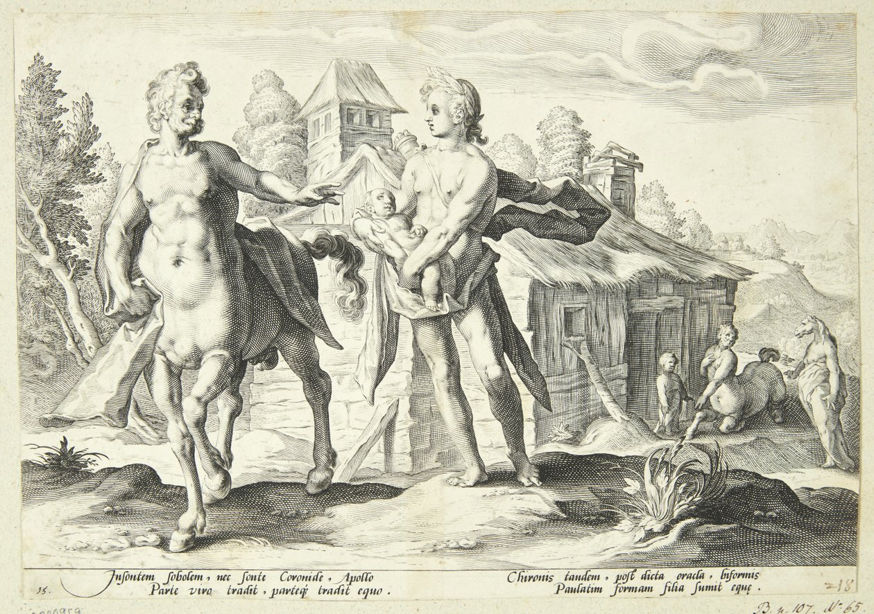 Apollon vertraut Cheiron die Ausbildung von Asklepios an von Hendrick Goltzius