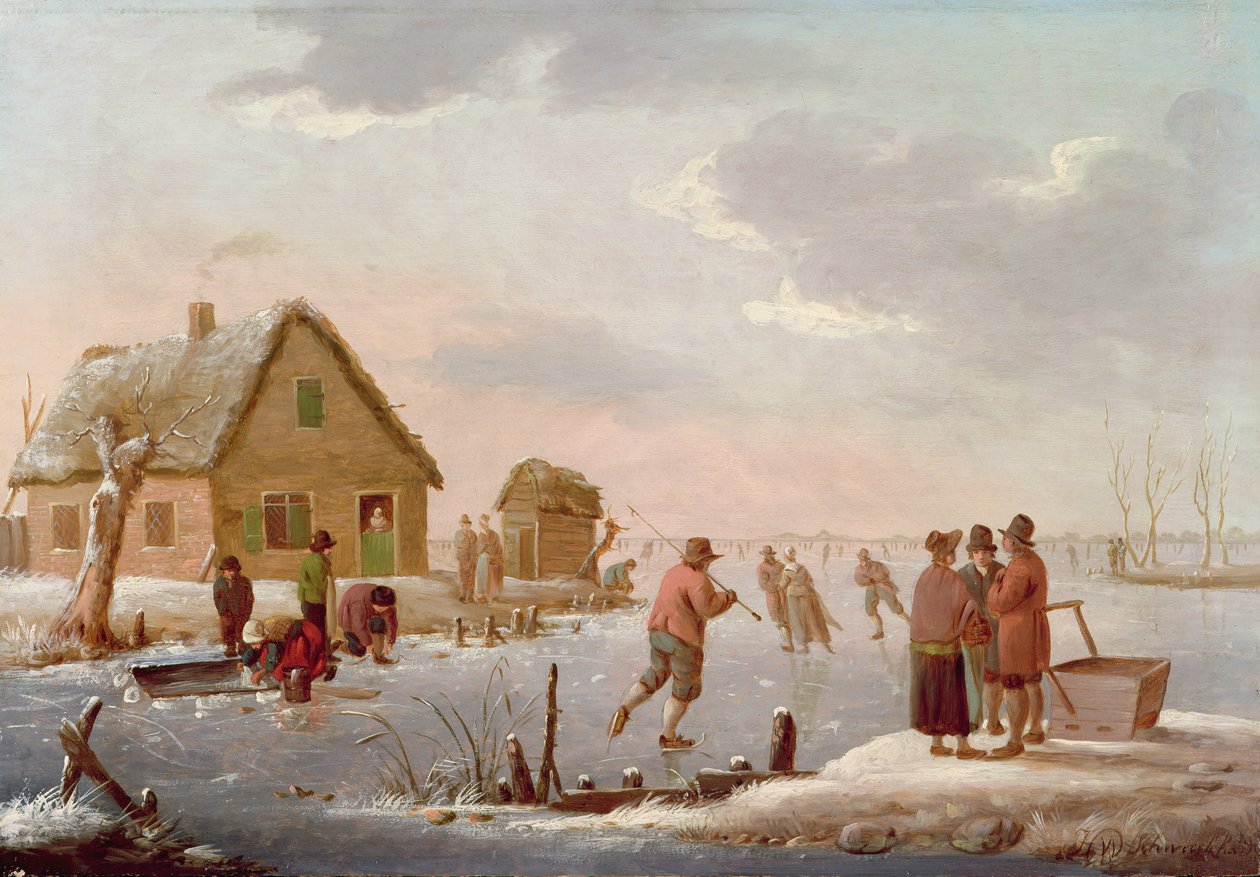 Schlittschuhläufer in einer Winterlandschaft von Hendrik Willem Schweickardt