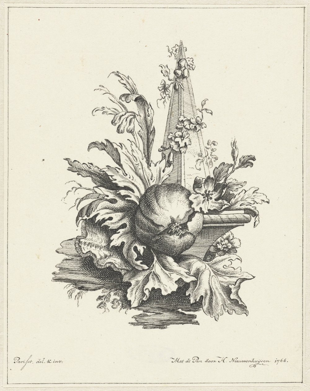 Ornament mit Granatapfel mit Blättern und Obelisk von Hendrik Nieuwenhuysen