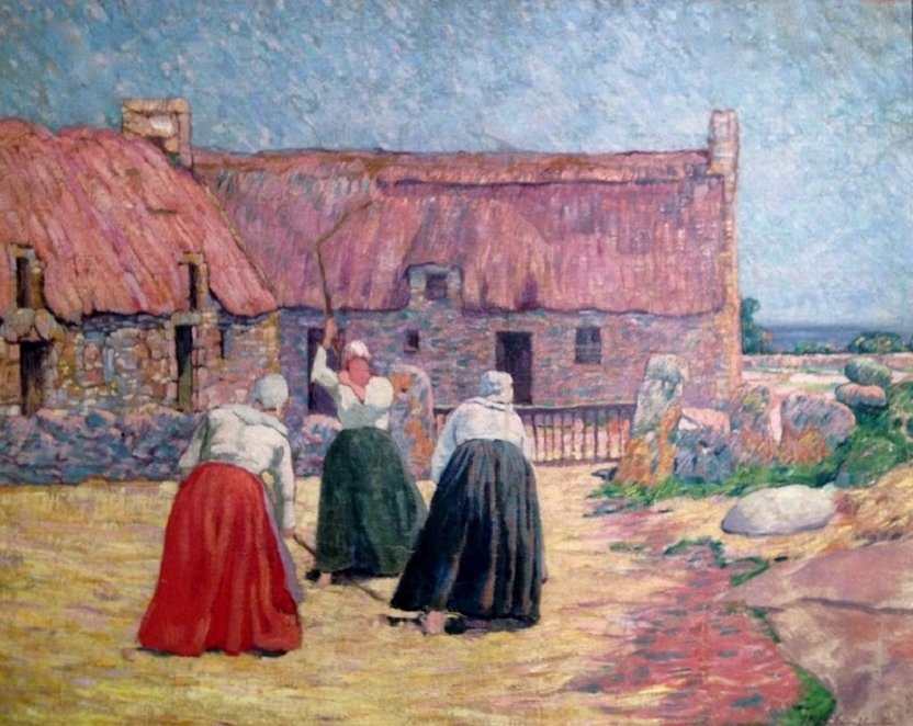 Dreschszene oder Französischer Bauernhof in Benarven von Henri Delavallee