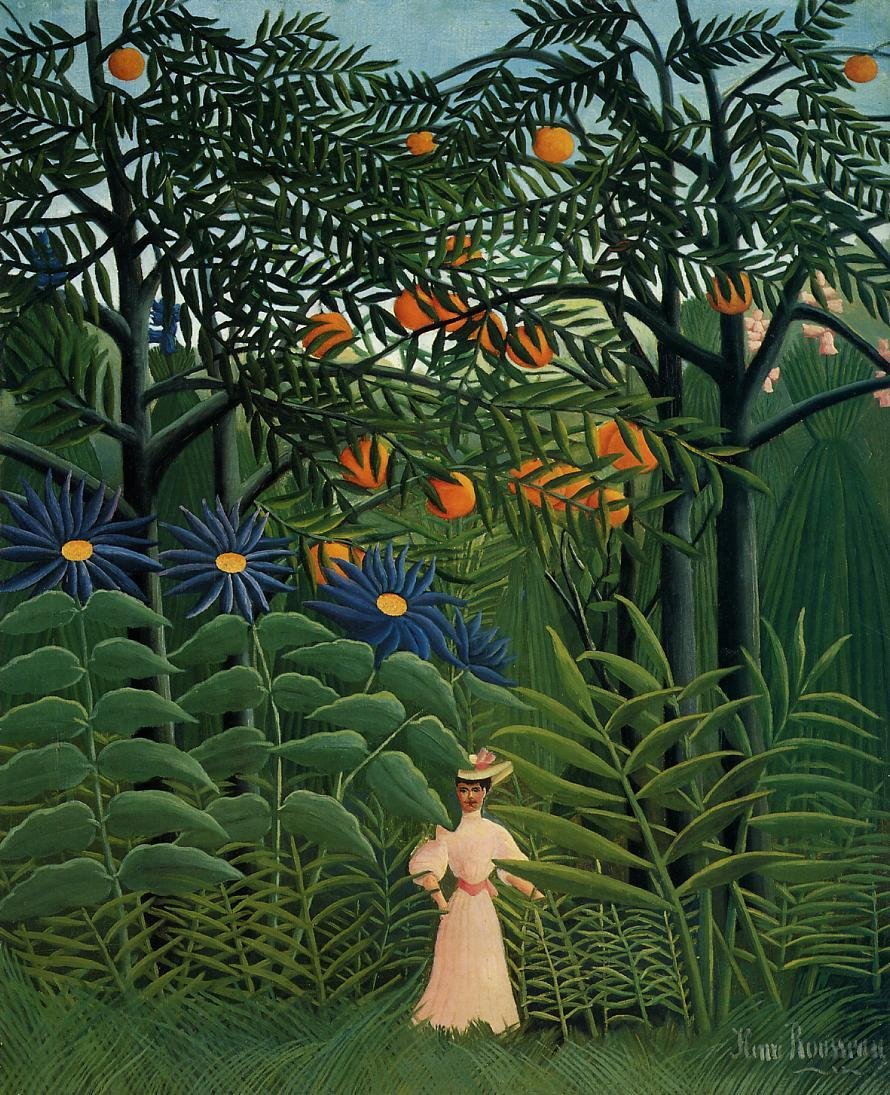 Frau spaziert in einem exotischen Wald von Henri Rousseau