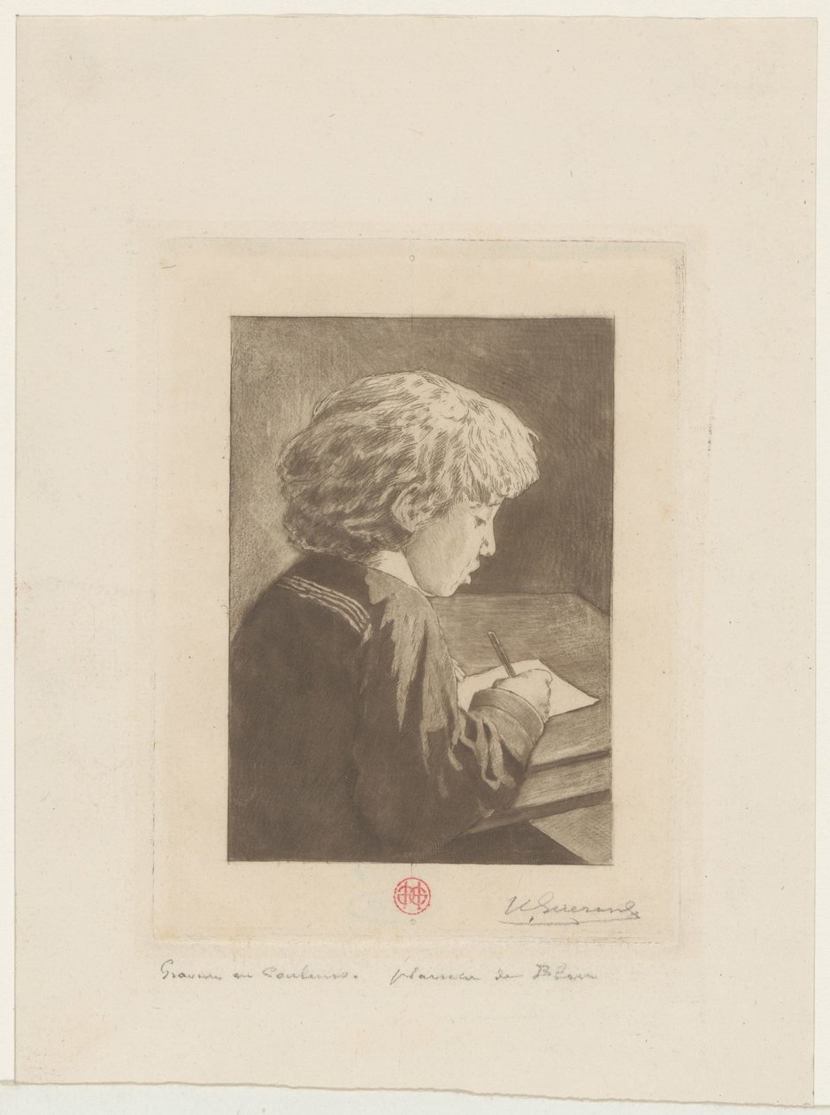 Schreibender Junge von Henri Charles Guérard (signed by artist)